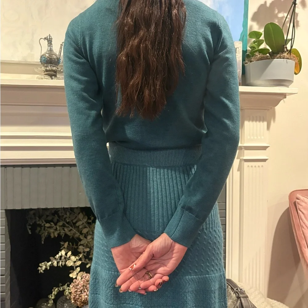 Women's Teal Cowl Neck Knit Sweater & Matching Skirt Set